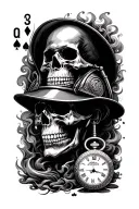 firefighter theme skulls, playing cards, pocket watch, smoke  tattoo design idea
