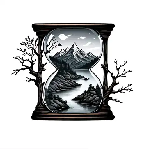 mountain and river inside an hourglass with tree branches wrapped tattoo design idea
