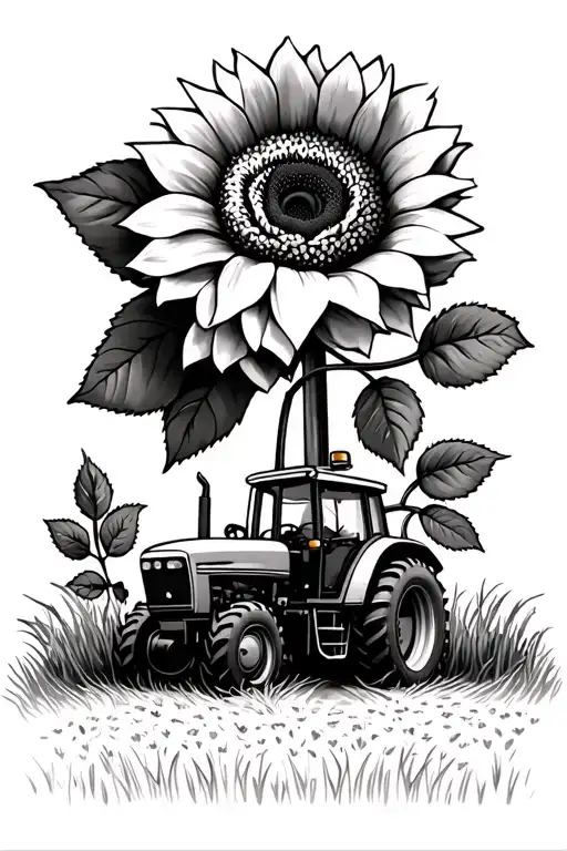 farm tractor, rose, sunflower, grass, farm windmill tattoo design idea