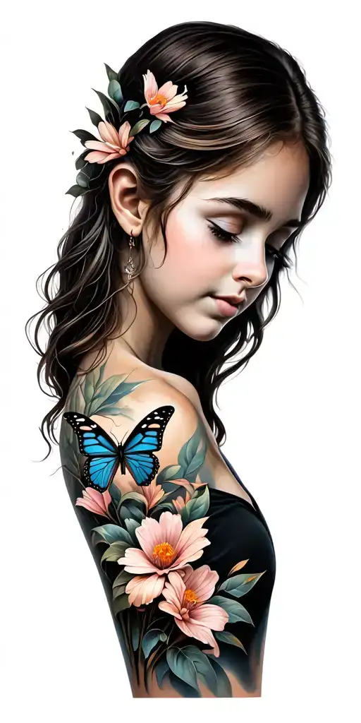 A sleeve tattoo with butterflies and flowers symbolizing my journey as a single mom to two sons. One son has had years o tattoo design idea