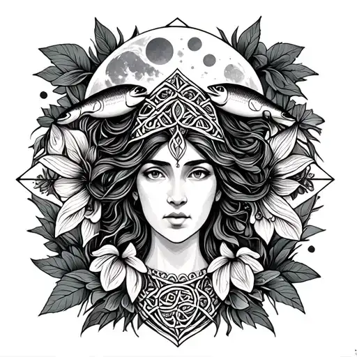 Celtic Goddess, Danu. Surrounded by Salmon, the moon and Moonflowers tattoo design idea