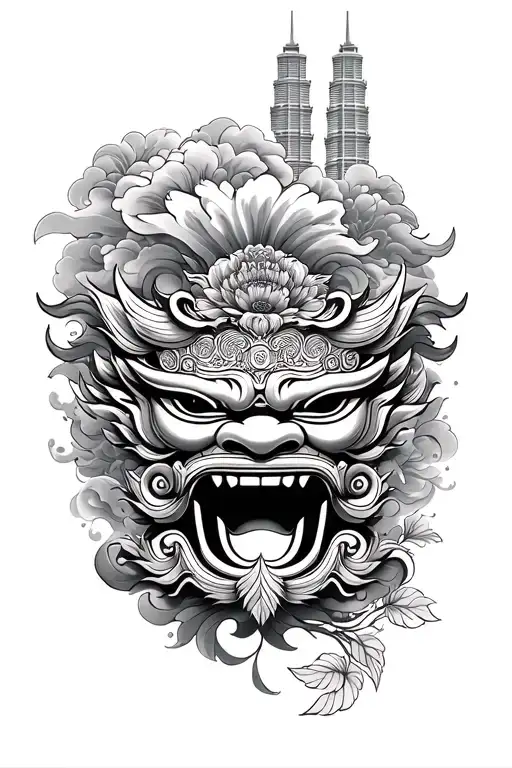 a combination of a barong mask, chinese clouds, the hong kong flower, sri lankan raksha, and petronas twin towers tattoo design idea