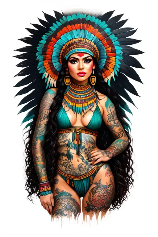 Aztec girl as a pinup girl with tattoos full body figure  tattoo design idea