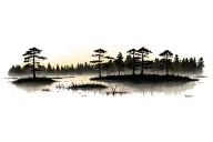 dead loblolly pine trees with marshland and a distant forest behind it. the pine trees in the foreground are sillouetted tattoo design idea