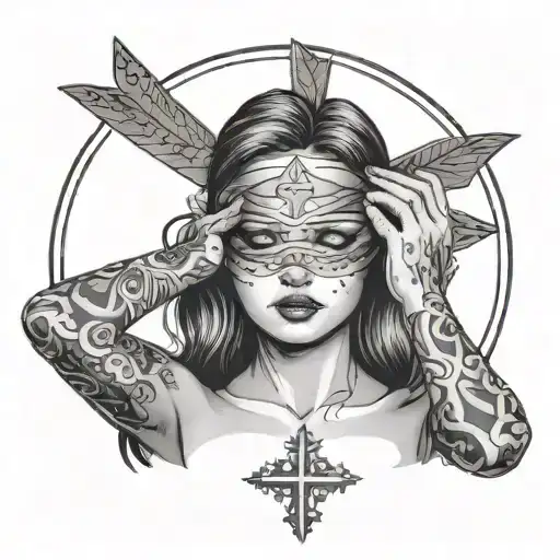 naked girl with blindfold and tears, circle (headband) above her head, arms crossed, scales and a cross in her hands tattoo design idea