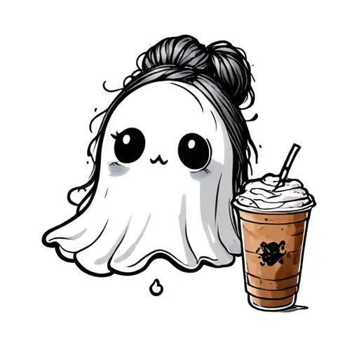 Cute Ghost with messy bun and iced coffee tattoo design idea