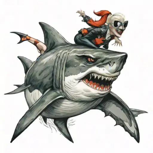 Harley Quinn riding great white shark jumping tattoo design idea