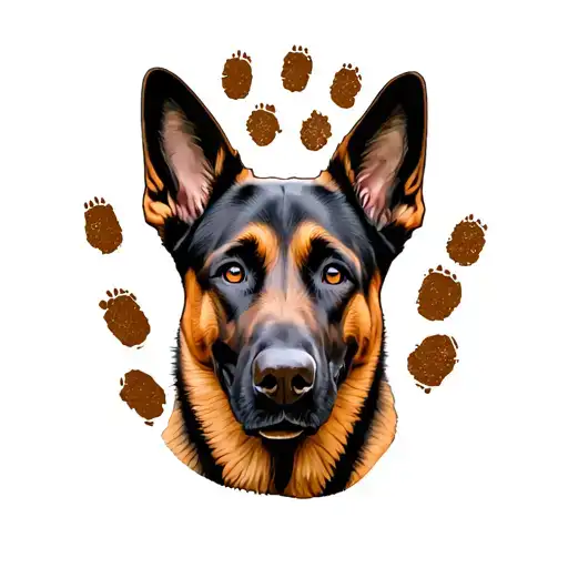 a Belgian Malinois face inside the outline of its paw print tattoo design idea