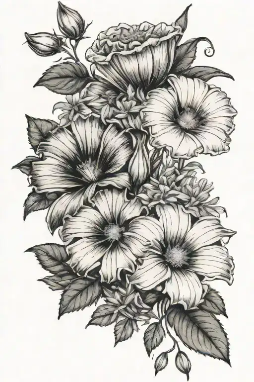 morning glory flower and aster flowers on the word faith and  the date 09-22-2008 under it tattoo design idea
