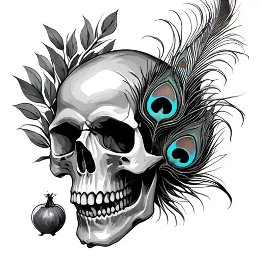 skull with a pomegranate with peacock feather tattoo design idea