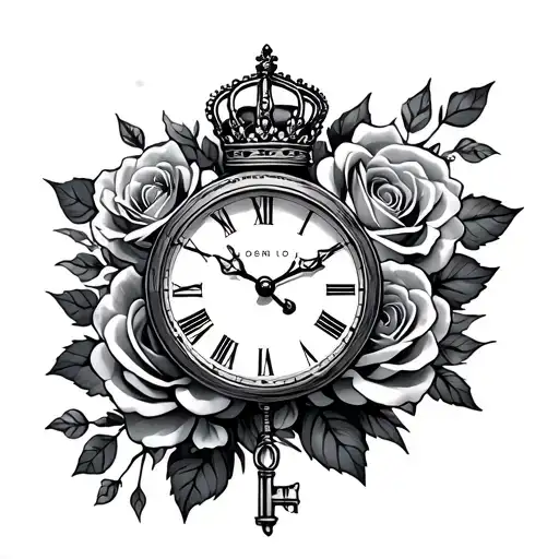 roses, long key, clock, small crown tattoo design idea