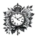 roses, long key, clock, small crown tattoo design idea
