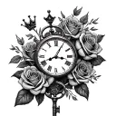 roses, long key, clock, small crown tattoo design idea