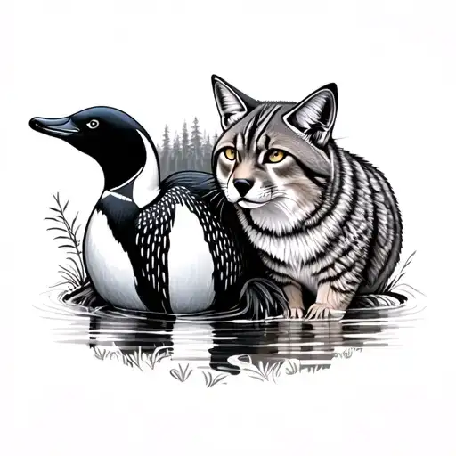 loon and a bobcat in the wilderness tattoo design idea