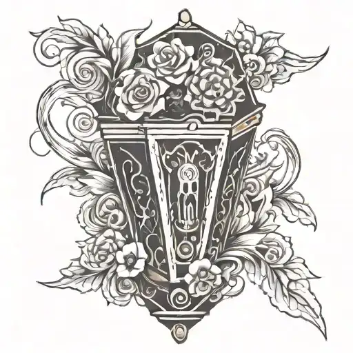 (old-school tattoo), traditional draw of a coffin with (spiral stair) inside, surrounded by (Japanese tattoo style) flam tattoo design idea