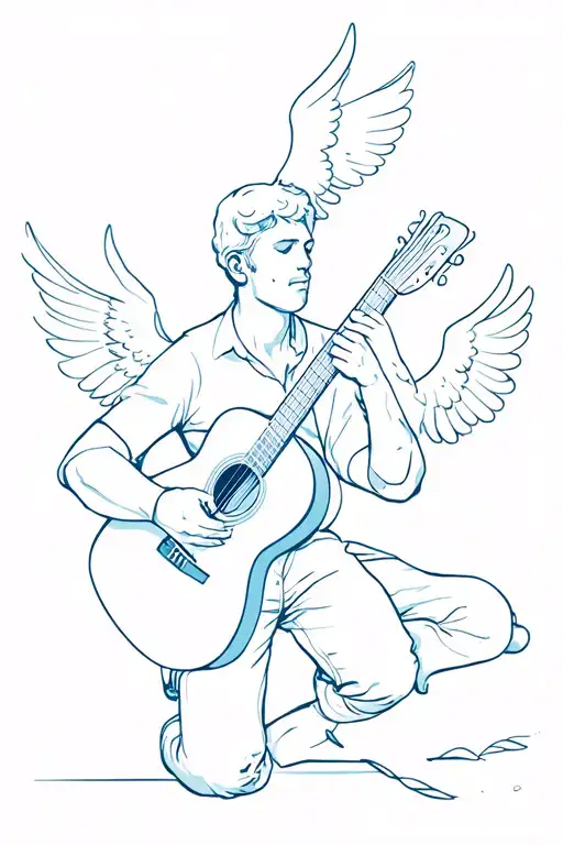 Forces a man playing an acoustic guitar and two flying angels tattoo design idea