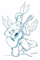 Forces a man playing an acoustic guitar and two flying angels tattoo design idea