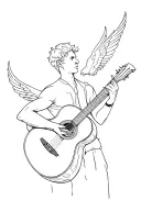 Forces a man playing an acoustic guitar and two flying angels tattoo design idea