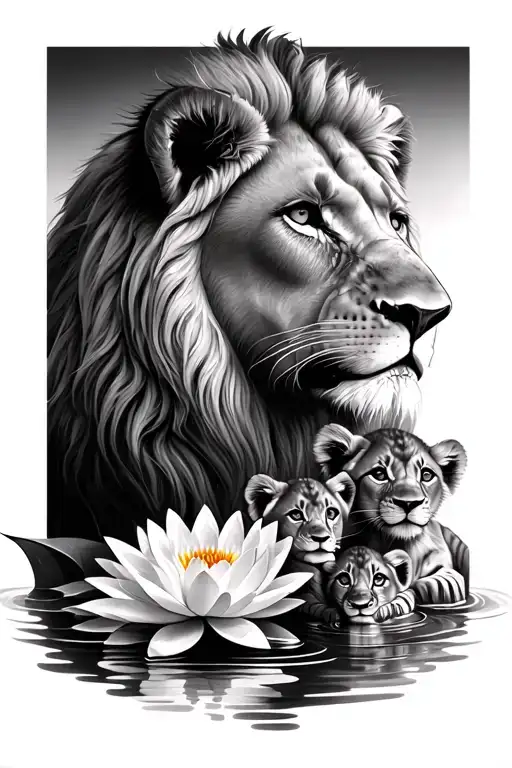 female lion with 2 cubs and water lillies tattoo design idea