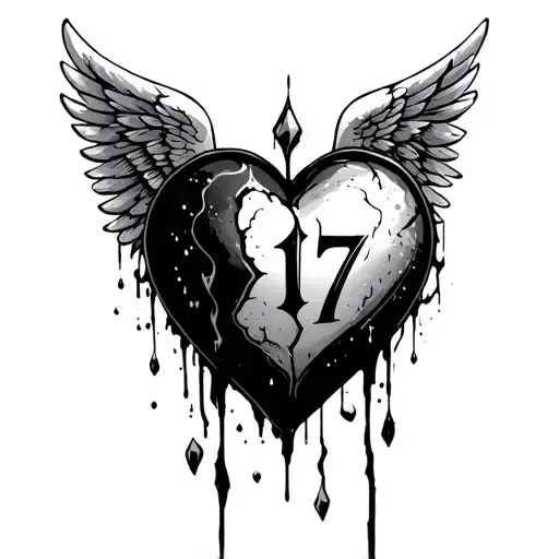 Broken Heart stitched up with the number 17 in the middle with the heart crying with angel wings tattoo design idea