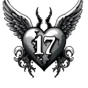 Broken Heart stitched up with the number 17 in the middle with the heart crying with angel wings tattoo design idea