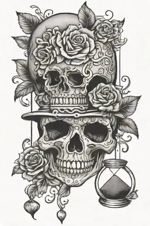 SUGAR SKULL AND HOURGLASS WITH SAND SLIPPING THROUGH FINGERS tattoo design idea