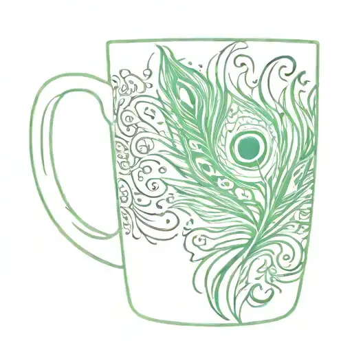 A sketch of an artsy coffee mug with a green and white peacock feather design tattoo design idea