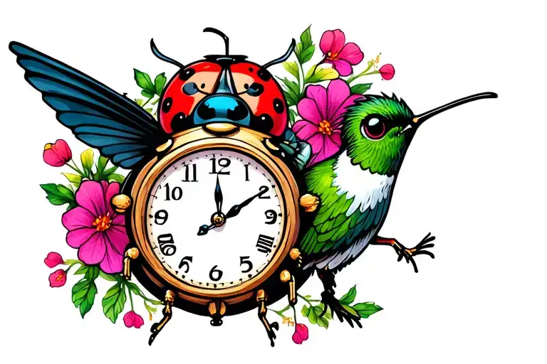 hummingbird lady bug and clock tattoo design idea