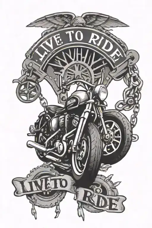 forearm with the words "Live to ride, ride to live" in a cool font, surrounded by motorcycle wheels, pistons, and chain tattoo design idea