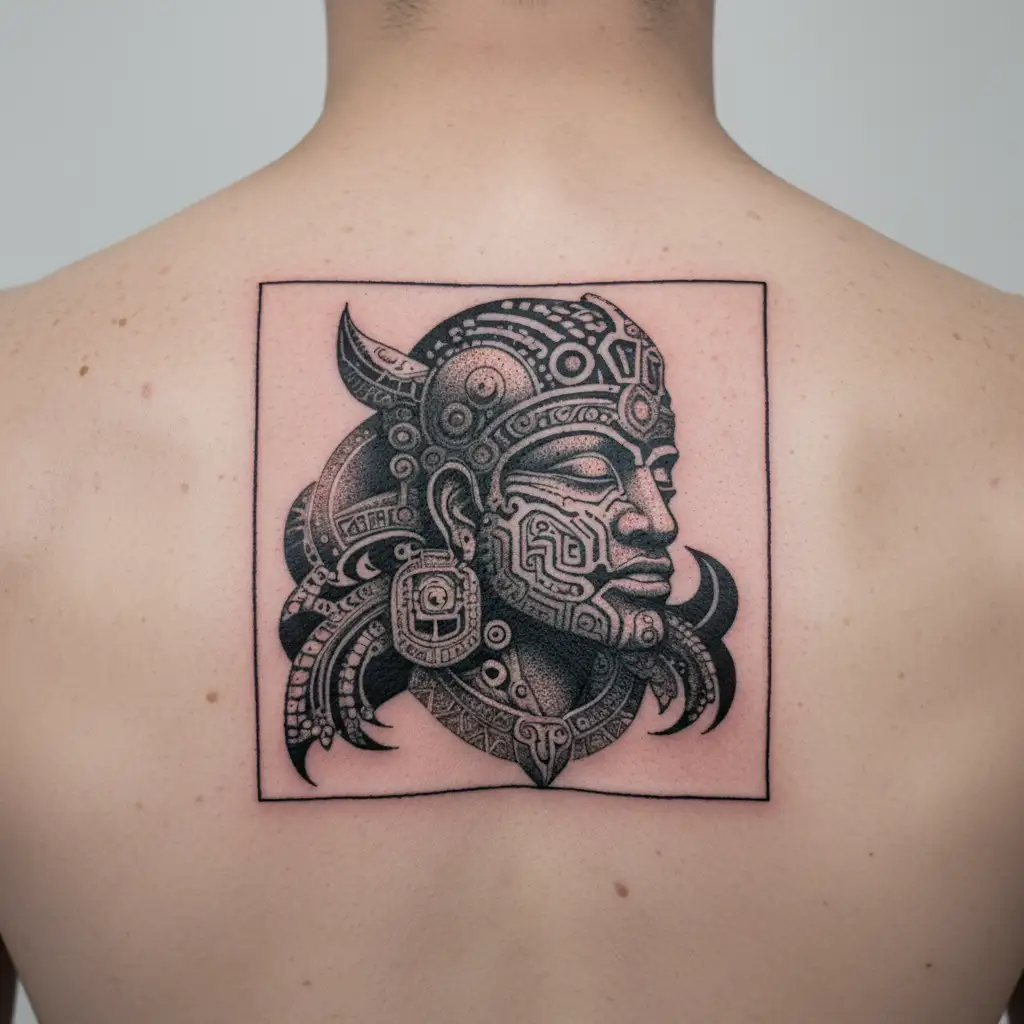 Inca sun god Inti surrounded by geometric patterns tattoo design idea
