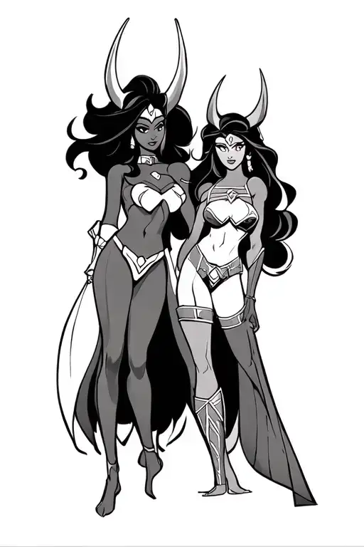 Create a black white tattoo with characters from the cartoon of the movie She-Ra and the Princess of Power. Catra with Adora tattoo design idea