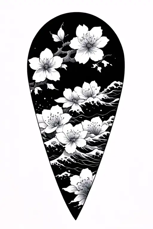 Japanese waves and cherry blossoms tattoo design idea