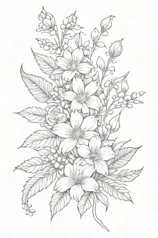  flowers wrapped that include a daisy, a lily of the valley, a rose, a cosmos, and a holly berry tattoo design idea