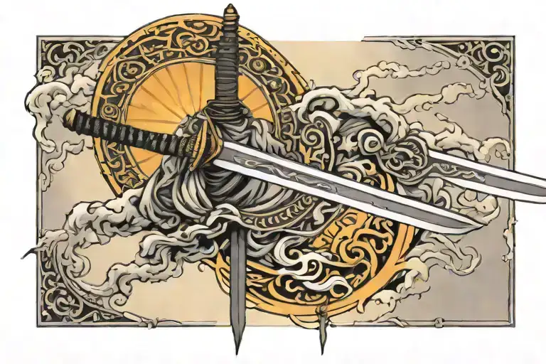 invincible under the sun, a katana with sun rising tattoo design idea