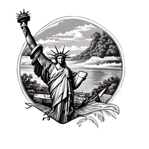 eagle with lady liberty and landscape tattoo design idea