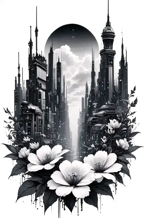 A futuristic cyberpunk cityscape with hidden gaming references intertwined with delicate flowers tattoo design idea