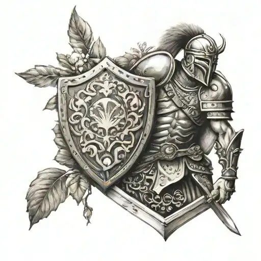 warrior in a garden with a shield adorned tattoo design idea