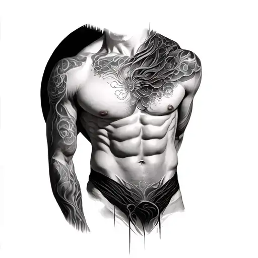 Lower stomach to shoulders, abstract lines following the curvature of the male body, Simbolistics, duality of a gemini tattoo design idea