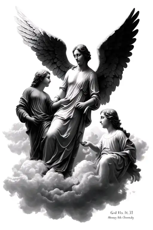 Realistic style, God in heaven, two angels for grandparents, clouds and light rays, black and white, dates of birth: 31. tattoo design idea
