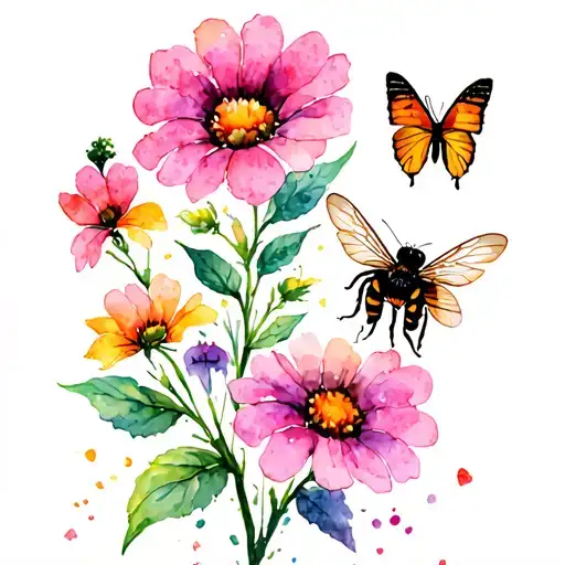 flowers, bees, butterflies tattoo design idea