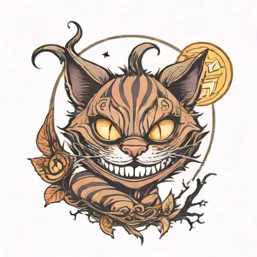cheshire cat smile as the moon with jack o lantern underneath and a forest at the bottom  tattoo design idea