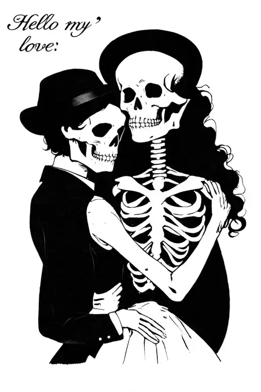 "“Hello my love” " skeleton couple in love. cottage. web frame. American trad style pencil on paper  tattoo design idea