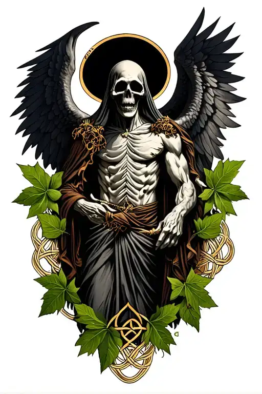 Skinny Lucifer With Wings In Style Of Grim Reaper Surrounded By Celtic Leaves Tattoo tattoo design idea
