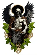 Skinny Lucifer With Wings In Style Of Grim Reaper Surrounded By Celtic Leaves Tattoo tattoo design idea