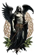 Skinny Lucifer With Wings In Style Of Grim Reaper Surrounded By Celtic Leaves Tattoo tattoo design idea