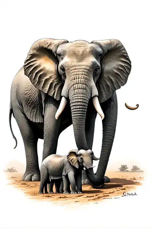 male elephant protecting his 2 baby elephants with his trunk tattoo design idea