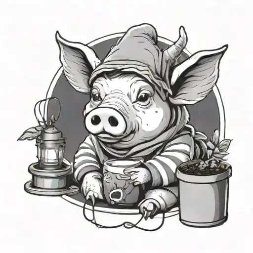 generate a minimalist tattoo design:A cute pig in a bee hoodie sitting under a lamp with coffee bean for a pillow. tattoo design idea