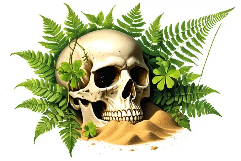 Skull, composum, sand clover catching of dreams, fern leaves in the background tattoo design idea