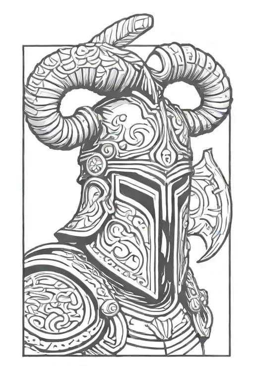the geek god ares, horns on traditional Greek helmet in a 3/4 view through camera lens tattoo design idea