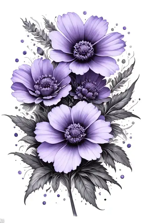 violet and cosmos flower tattoo design idea